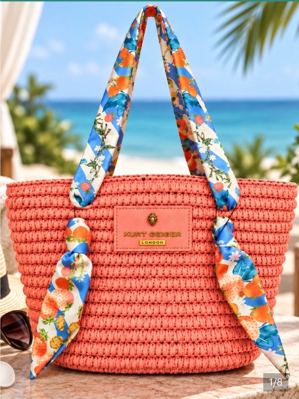 Kurt Geiger Coral Woven Tote with Floral Scarf Handles NWT